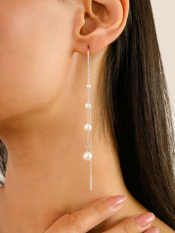 METALM - Women 925 Silver Chime Pattern Pearl Drop Threader Earrings