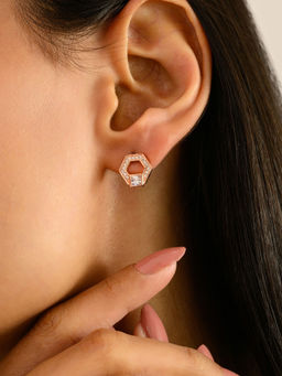 METALM - 925 Silver Trendy Hexagon Dainty Rose Gold CZ Diamond Stud Earrings