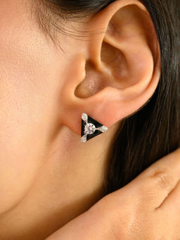 METALM - 925 Silver Unique Triangular Black Enamel Work Solitaire CZ Diamond Earrings