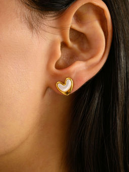 METALM - Gold Plated Heart Shape Pearl 925 Silver Dainty Stud Earrings