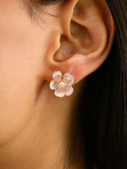 METALM - 925 Silver CZ Diamonds & Pearl Rose Gold Plated Flower Stud Earrings