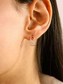 METALM - 925 Silver Dainty Lock Rose Gold Plated CZ Diamond Earrings