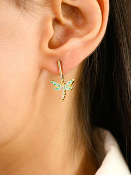 METALM - 925 Silver Colorful Enamel Work Gold Finish Dragonfly Earrings