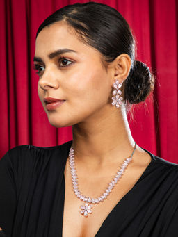 Niscka - Rhodium Plated Pink AD Floral Necklace and Earrings Set