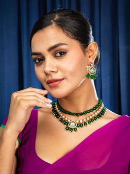 Niscka - Green Beads and Kundan Gold Plated Necklace with Earrings Set