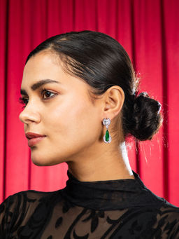 Niscka - Rhodium Plated Green and White AD Water Drop Earrings