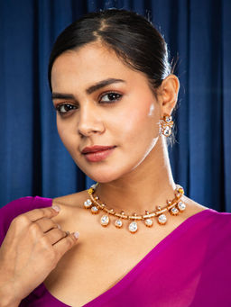 Niscka - Matte Gold Plated Kundan White CZ and Pearl Necklace with Earrings Set