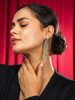 Niscka - Women Rhodium Plated Green Stone Long Drop Earrings
