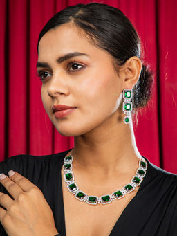 Niscka - Rhodium Plated Green Emerald and White AD Necklace with Long Earrings Set