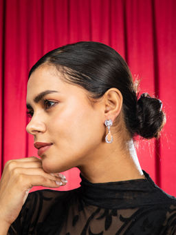 Niscka - Rhodium Plated Peach Stone and White AD Earrings