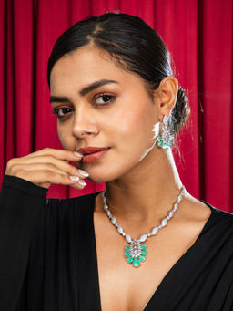 Niscka - Rhodium Plated Aqua Green and White AD Necklace with Earrings Set