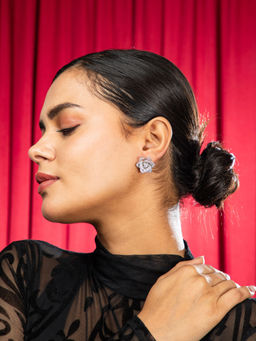 Niscka - Floral Sparkle Rhodium American Diamond Stud Earrings