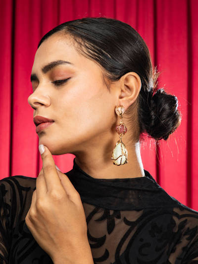 White, Red and Green Jade Gold Plated Elegance Earrings