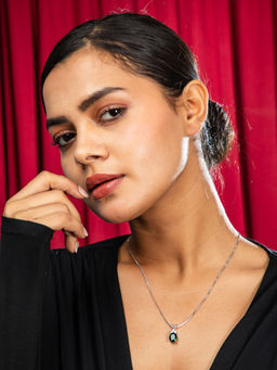 Niscka - Rhodium Plated Green Emerald and White AD Pendant Necklace