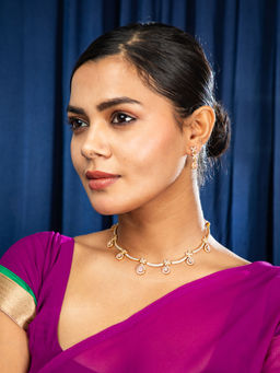 Niscka - Gold Plated Pink Water Drop Stone & White CZ Necklace and Earrings Set