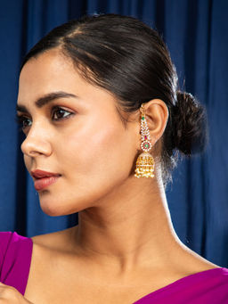 Niscka - Royal Charm CZ Pearl Jhumka Earrings with Ear Chain