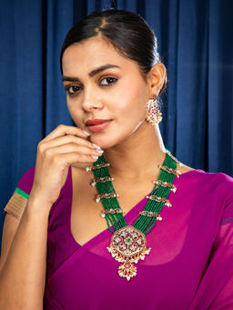 Niscka - Gold Plated Multilayered Green Beads Necklace and Earrings Set