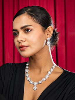 Niscka - Rhodium Plated White AD and Faux Pearl Necklace with Earrings Set