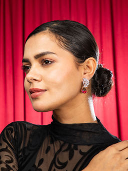 Niscka - Peacock White American Diamond Pink & Green Grace Dual Tone Drop Earrings