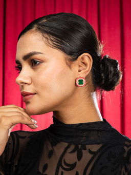 Niscka - Emerald Glow Gold Plated Square Stud Earrings