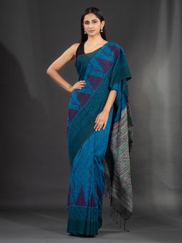 CHARUKRITI - Blue Handspun Cotton Hand Woven Soft Saree with Kotki Design with Unstitched Blouse