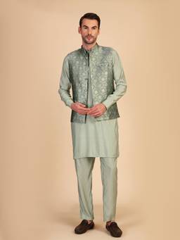 Pro Ethic Style Developer - Men Turquoise Jacquard Woven Kurt with Pant and Waistcoat