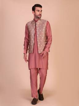 Pro Ethic Style Developer - Men Peach Jacquard Woven Kurt with Pant and Waistcoat