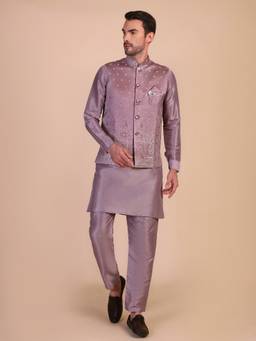 Pro Ethic Style Developer - Men Lavender Jacquard Woven Kurt with Pant and Waistcoat