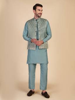 Pro Ethic Style Developer - Men Green Jacquard Woven Kurt with Pant and Waistcoat