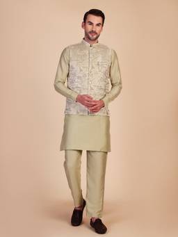 Pro Ethic Style Developer - Men Green Jacquard Woven Kurt with Pant and Waistcoat