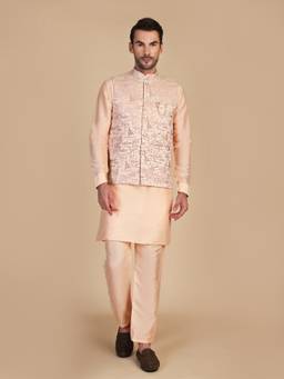 Pro Ethic Style Developer - Men Peach Jacquard Woven Kurt with Pant and Waistcoat