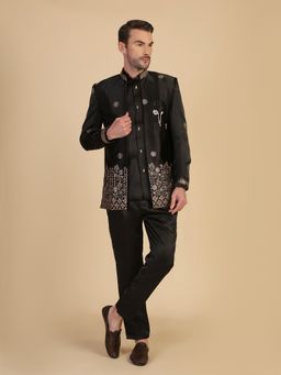 Pro Ethic Style Developer - Men Black Satin Embroidered Kurt with Pant and Waistcoat