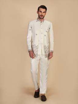 Pro Ethic Style Developer - Men Cream Satin Embroidered Kurt with Pant and Waistcoat