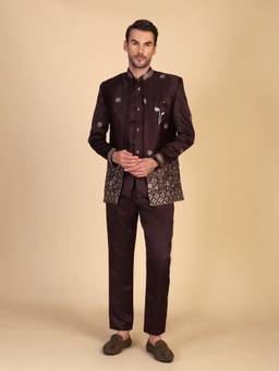 Pro Ethic Style Developer - Men Wine Satin Embroidered Kurt with Pant and Waistcoat