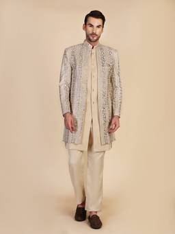 Pro Ethic Style Developer - Men Beige Jacquard Embroidered Kurt with Pant and Waistcoat