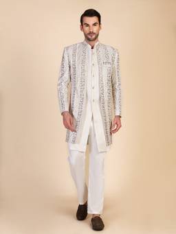 Pro Ethic Style Developer - Men Cream Jacquard Embroidered Kurt with Pant and Waistcoat
