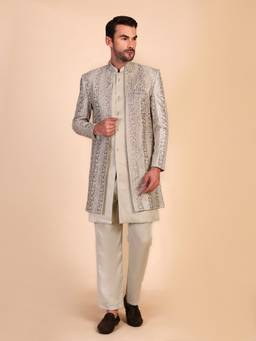 Pro Ethic Style Developer - Men Green Jacquard Embroidered Kurt with Pant and Waistcoat