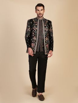 Pro Ethic Style Developer - Men Black Jacquard Embroidered Kurt with Pant and Waistcoat