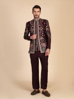 Pro Ethic Style Developer - Men Maroon Jacquard Embroidered Kurt with Pant and Waistcoat