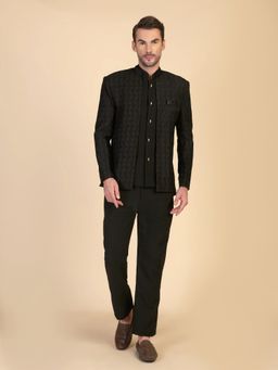 Pro Ethic Style Developer - Men Black Jacquard Embroidered Kurt with Pant and Waistcoat
