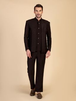Pro Ethic Style Developer - Men Purple Jacquard Embroidered Kurt with Pant and Waistcoat