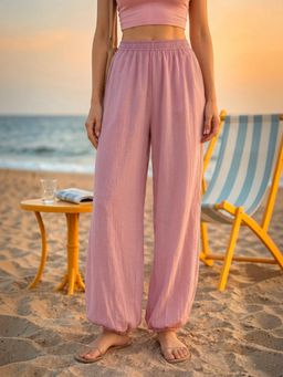 Oxolloxo - Women Solid Light Pink Elasticated Poly Chiffon Beachwear Balloon Pants