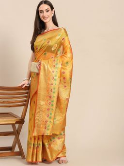 Odette - Mustard Woven Organza Saree with Unstitched Blouse