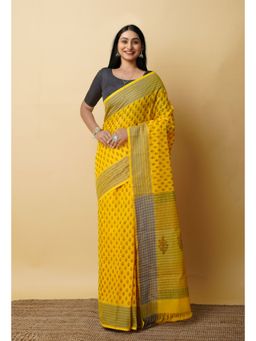 Unnati Silks - Yellow Pure Block Printed Mangalgiri Cotton Saree with Unstitched Blouse-UNM76920