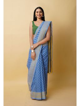 Unnati Silks - Blue Pure Block Printed Mangalgiri Cotton Saree with Unstitched Blouse-UNM76921
