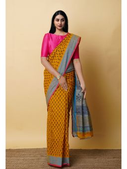 Unnati Silks - Yellow Pure Block Printed Mangalgiri Cotton Saree with Unstitched Blouse-UNM76922