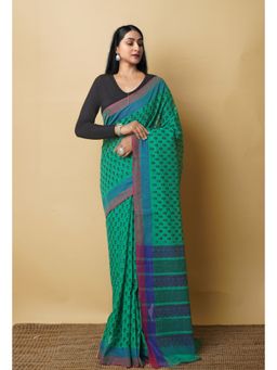 Unnati Silks - Green Pure Block Printed Mangalgiri Cotton Saree with Unstitched Blouse-UNM76923