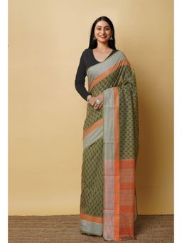 Unnati Silks - Green Pure Block Printed Mangalgiri Cotton Saree with Unstitched Blouse-UNM76924