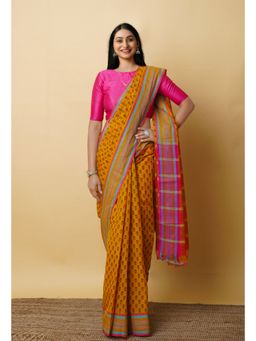Unnati Silks - Yellow Pure Block Printed Mangalgiri Cotton Saree with Unstitched Blouse-UNM76925