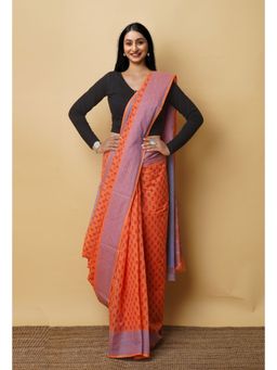 Unnati Silks - Orange Pure Block Printed Mangalgiri Cotton Saree with Unstitched Blouse-UNM76926